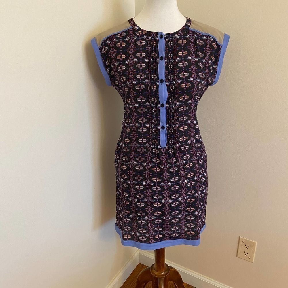 Greylin Blue Tan Silk Geometric Print Dress XS